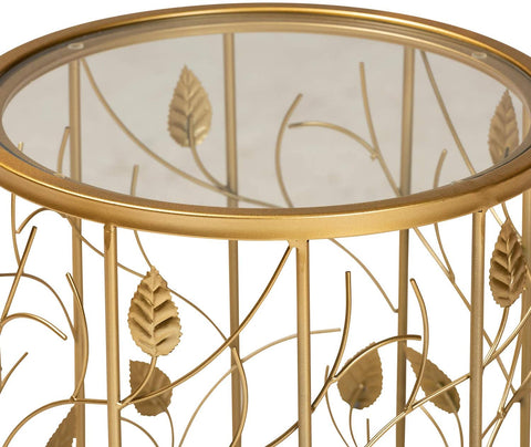 Oakestry Anaya Modern and Contemporary Glam Brushed Gold Finished Metal and Glass Leaf Accent End Table