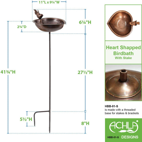 Oakestry HBB-01-S Heart Shaped birdbath Bowl with Stake, Antique Copper