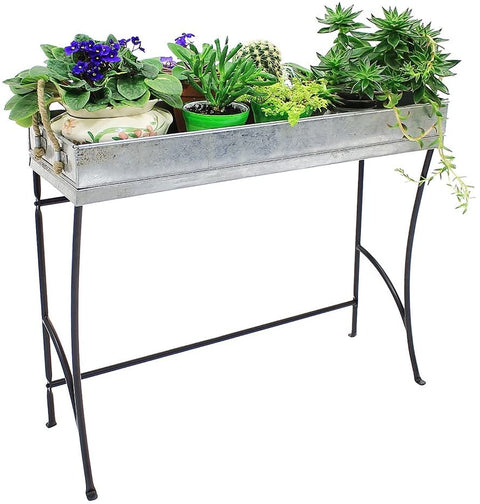 Oakestry WT-04 Trestle, Large Metal windowsill Plant Stand Indoor Outdoor with Removable Tray, Black and Galvanized Steel