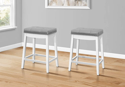 BARSTOOL - 2PCS / 24 inches H / GREY LEATHER-LOOK / WHITE