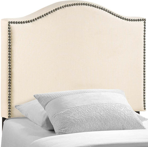 Oakestry Curl Linen Fabric Upholstered Twin Headboard with Nailhead Trim and Curved Shape in Ivory