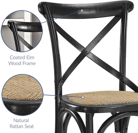 Oakestry Gear Rustic Modern Farmhouse Elm Wood Rattan Dining Chair in Black