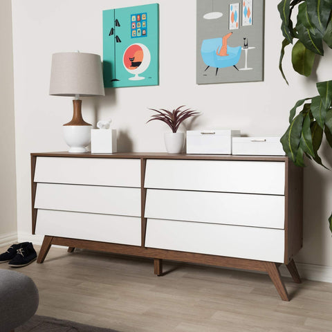 Oakestry Hildon Modern 6-Drawer Storage Dresser Mid-Century/White/Walnut Brown/Particle Board/MDF with PU Paper