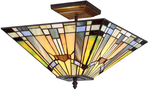 Oakestry CH33293MS14-UF2 Lighting Oakestry Kinsey 2-Light Tiffany Style Mission Semi Flush Ceiling Fixture with 14 in. Shade