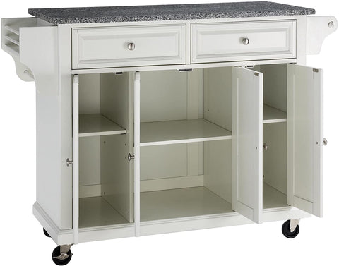 Oakestry Rolling Kitchen Island with Solid Grey Granite Top - White
