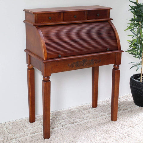 Oakestry Furniture Piece Carved Wood Roll Top Desk