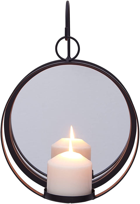 Oakestry round wrought iron pillar candle sconce with mirror – a decorative rustic metal hanging wall candleholder