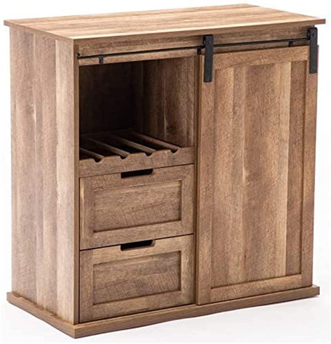 Oakestry Weston Sliding Wood Barn Door Wine Cabinet With 2-Drawers in Natural