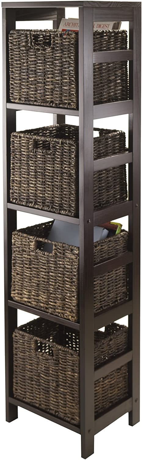 Oakestry Granville 5-Piece Storage Tower Shelf with 4 Foldable Baskets, Espresso