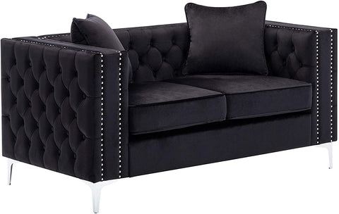 Oakestry Lorreto Black Velvet Loveseat, Nailhead Trim, Handmade Button Tufted with Chrome Metal Legs