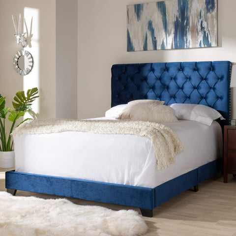 Oakestry Candace Luxe and Glamour Navy Velvet Upholstered King Size Bed