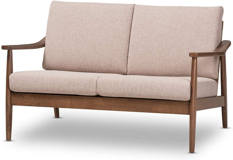 Oakestry Venza Mid-Century Modern Walnut Wood Light Brown Fabric Upholstered 2-Seater Loveseat Mid-Century/Light Brown/Walnut Brown/Fabric Polyester 100%&#34;/Rubber Wood/