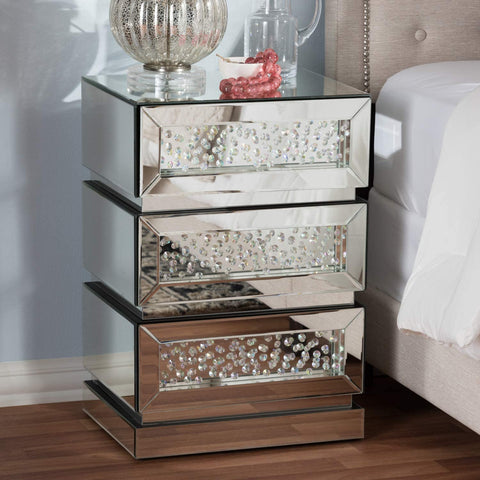 Oakestry Sabrina Hollywood Regency Glamour 3-Drawer Nightstand Glam/Silver Mirrored/MDF
