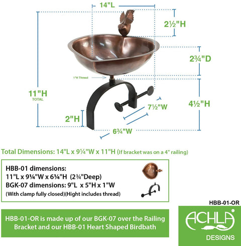 Oakestry HBB-01-OR Heart Shaped Birdbath with Railing Bracket, Copper, Black