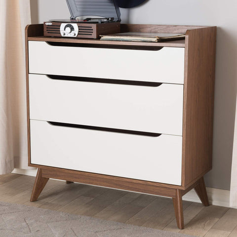 Oakestry Brighton 3-Drawer Storage Chest Mid-Century/White/Walnut Brown/Particle Board/MDF with PU Paper/