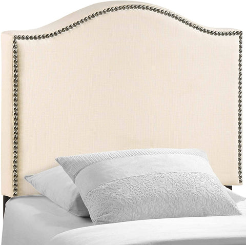 Oakestry Curl Linen Fabric Upholstered Twin Headboard with Nailhead Trim and Curved Shape in Ivory
