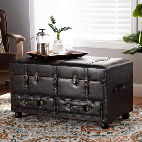 Oakestry Callum Modern Transitional Distressed Dark Brown Faux Leather Upholstered 2-Drawer Storage Trunk Ottoman