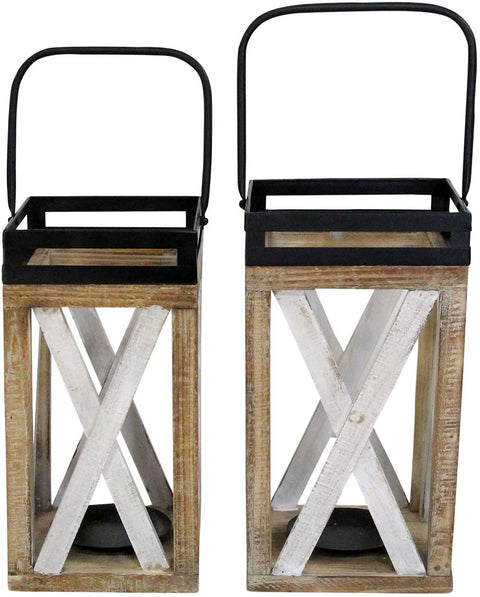 Oakestry Set of 2 Wood Lantern, Large: 7.00W X 7.00D X 20.00H, Height Without Handle 13.75 Medium: 6.25W x 6.25D X 18.25H Height Without Handle, 12.5, Multi