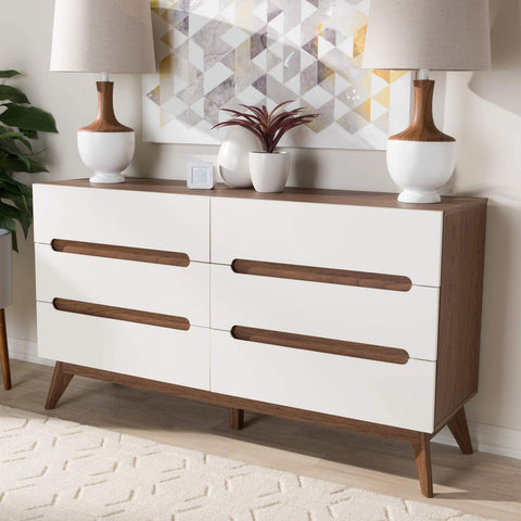 Oakestry Calypso Mid-Century Modern White and Walnut Wood 6-Drawer Storage Dresser Mid-Century/White/Walnut Brown/Particle Board/MDF with PU Paper/