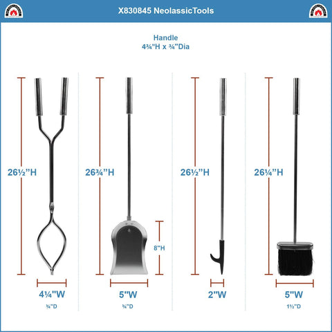 Oakestry Neoclassic 5-piece Fireplace Tool Set, Polished Chrome