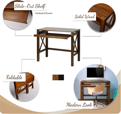 Oakestry Montego Folding Desk with Pull-Out Tray-Warm Brown