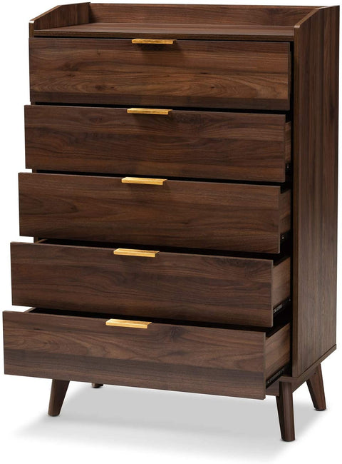 Oakestry Lena Mid-Century Modern Walnut Brown Finished 5-Drawer Wood Chest