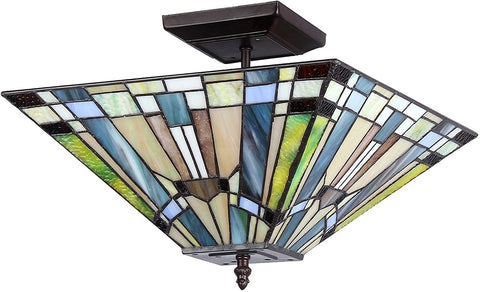 Oakestry CH33293MS14-UF2 Lighting Oakestry Kinsey 2-Light Tiffany Style Mission Semi Flush Ceiling Fixture with 14 in. Shade