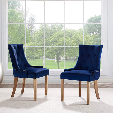 Oakestry Pose Tufted Performance Velvet Upholstered Two Dining Chairs with Nailhead Trim in Navy