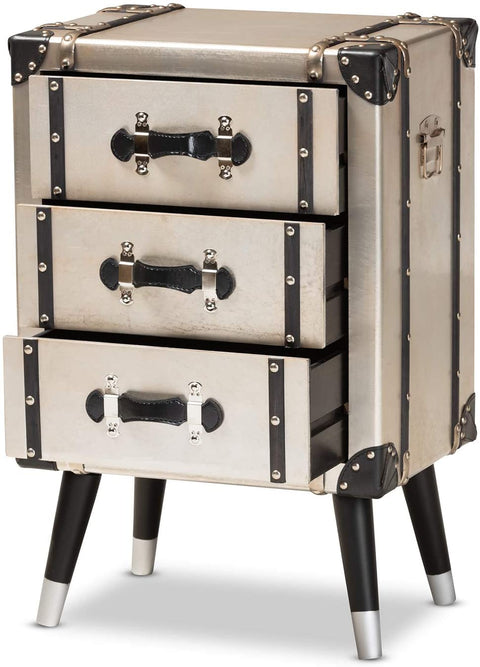 Oakestry Dilan Vintage Industrial Antique Silver Finished Metal Trunk Inspired 3-Drawer Nightstand