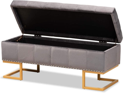Oakestry Ellery Luxe and Glam Grey Velvet Fabric Upholstered and Gold Finished Metal Storage Ottoman