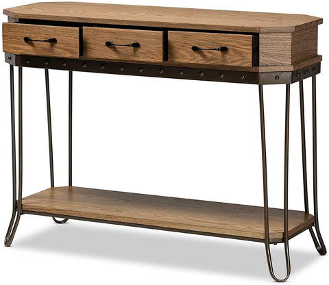 Oakestry Kellyn Vintage Rustic Industrial Oak Brown Finished Wood and Black Finished Metal 3-Drawer Console Table?