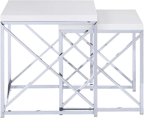 Oakestry , Nesting Table, Chrome Metal, Glossy White, Table Set, 2 pcs