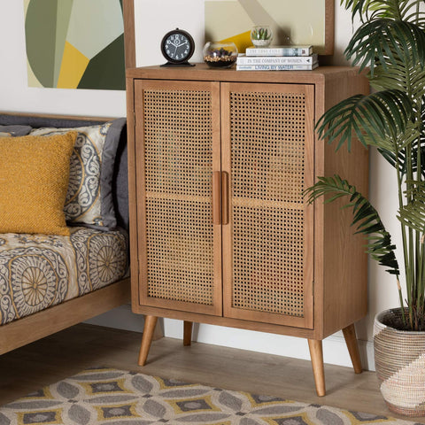 Oakestry Alina Mid-Century Modern Medium Oak Finished Wood and Rattan 2-Door Accent Storage Cabinet