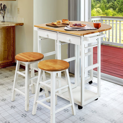 Oakestry Drop Leaf Breakfast Cart with 2 Stools-White