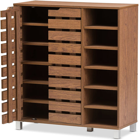Oakestry Eloise Modern &amp; Contemporary Beech Wood 2 Door Shoe Cabinet with Open Shelves, Walnut