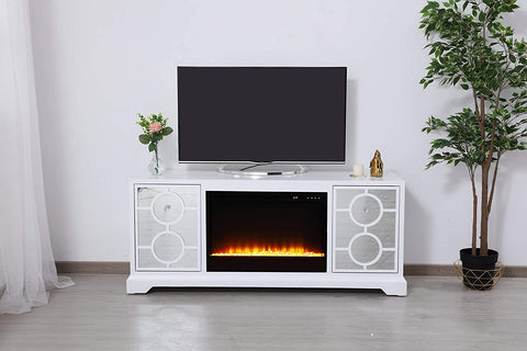 Elegant Decor 60 in. Mirrored TV Stand with Crystal Fireplace Insert in White