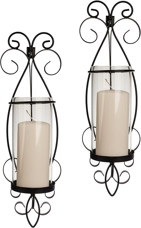 Oakestry San Remo Wall Candle Sconce Set with Glass Hurricanes - Wrought Iron - Set of 2- Easy to Hang - Contemporary Home Decor