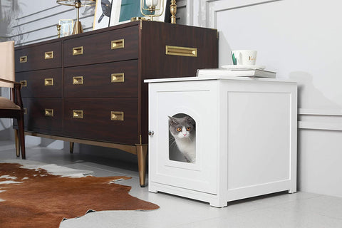 Oakestry Kitty Litter Loo Indoor Hidden Litter Box Enclosure Furniture, Litter Box Cabinet with Framed Panels and Arched Doorways