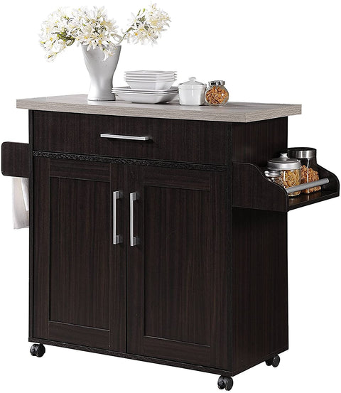 Oakestry Kitchen Island with Spice Rack, Towel Rack & Drawer, Chocolate with Grey Top