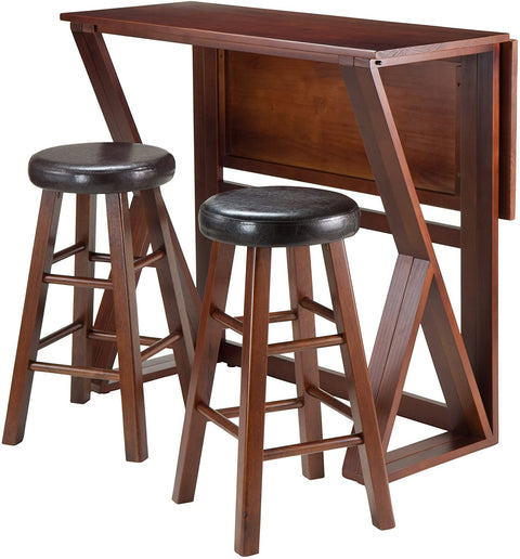 Oakestry 3-Piece Harrington Drop Leaf High Table with 2 Cushion Round Seat Stools, 24-Inch, Brown
