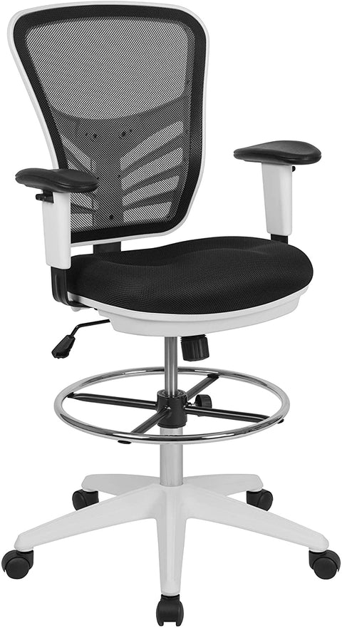 Oakestry Mid-Back Black Mesh Ergonomic Drafting Chair with Adjustable Chrome Foot Ring, Adjustable Arms and White Frame