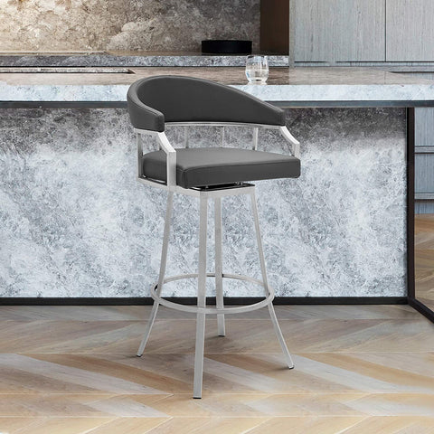 Oakestry Valerie 30&#34; Bar Height Swivel Modern Grey Faux Leather Bar and Counter Stool in Brushed Stainless Steel Finish