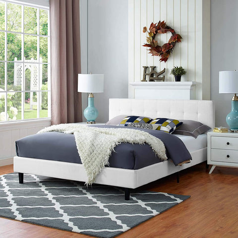 Oakestry Linnea Upholstered White Full Platform Bed with Wood Slat Support