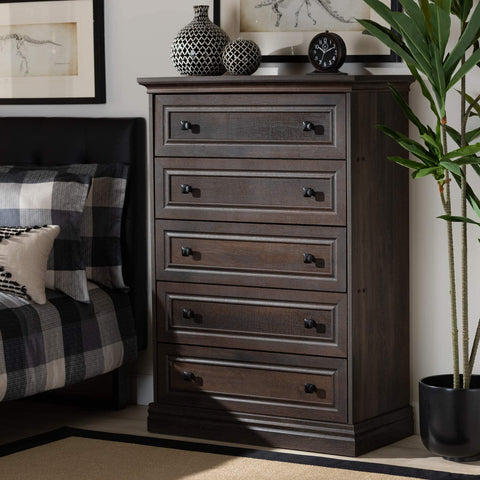 Oakestry Nolan Traditional Transitional Hazel Walnut Brown Finished 5-Drawer Wood Chest