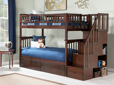 Oakestry Staircase Bunk with Turbo Charger and Urban Bed Drawers, Twin/Twin, Walnut