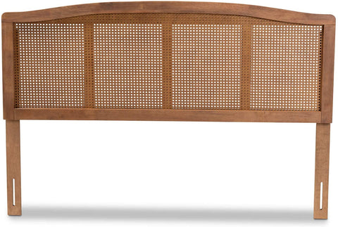 Oakestry Marieke Mid-Century Modern Ash Wanut Finished Wood and Synthetic Rattan Queen Size Headboard