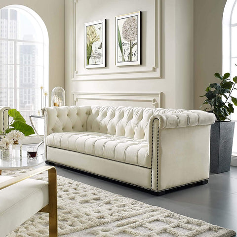 Oakestry Heritage Tufted Performance Velvet Upholstered Chesterfield Sofa with Nailhead Trim in Ivory