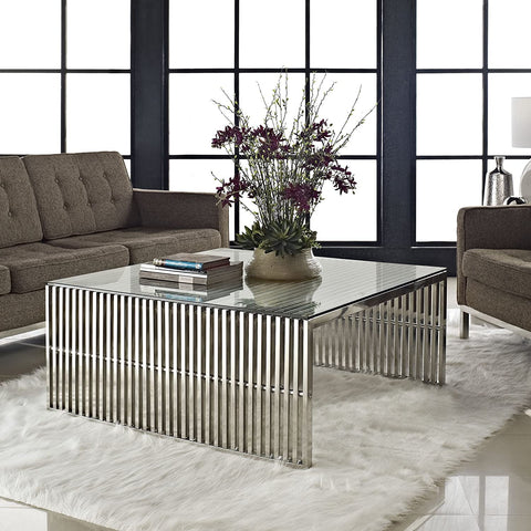 Oakestry Gridiron Stainless Steel Coffee Table With Tempered Glass Top