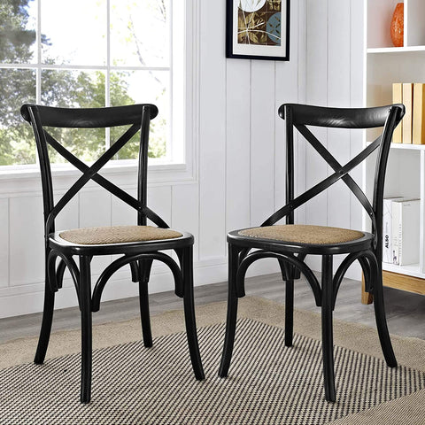 Oakestry Gear Rustic Modern Farmhouse Elm Wood Rattan Two Dining Chairs in Black