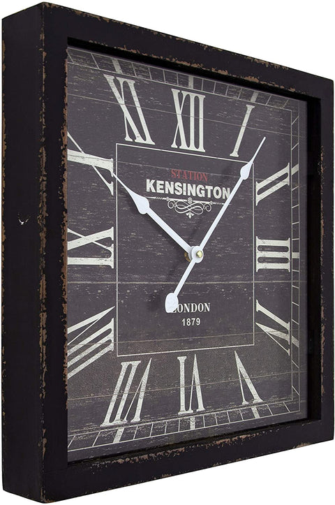 Oakestry Square Wooden Wall Clock, 16&#34;, Black Frame, Black Face, White Text, White Hands